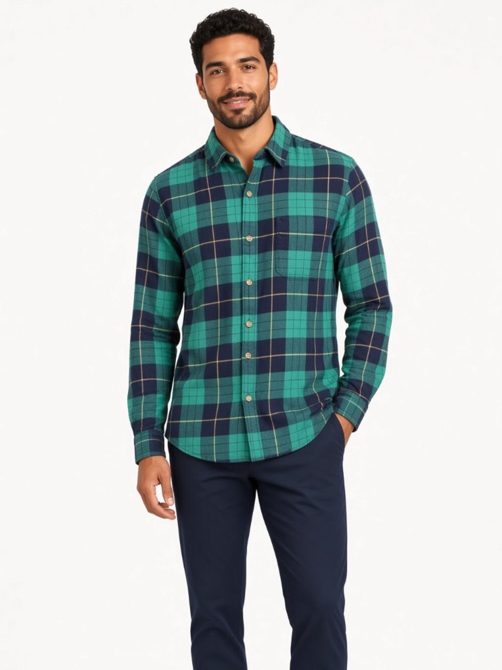 SO Perfectly Soft Green Navy Plaid Flannel Button Up